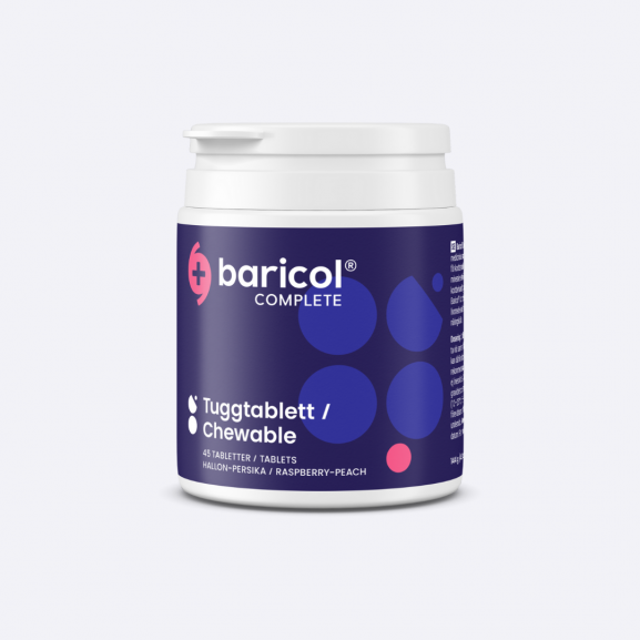 Baricol chewable raspberry and peach, white jar with purple label