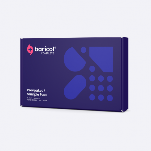 Baricol sample pack, purple box with white text